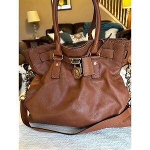 Michael Kors Brown Leather Shoulder Bag Medium Logo Charm Casual Handbag